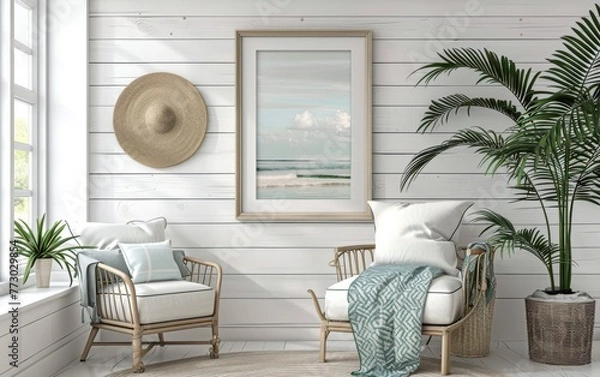 Obraz Mockup frame close up in coastal style home interior background, 3d render