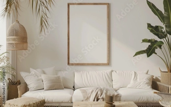 Fototapeta Mockup frame close up in coastal style home interior background, 3d render