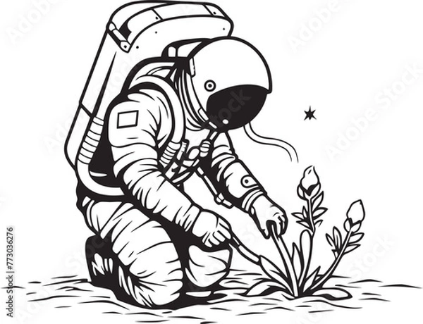 Fototapeta Celestial Harvest Vector Logo Design Astronautic Oasis Plant Watering Emblem