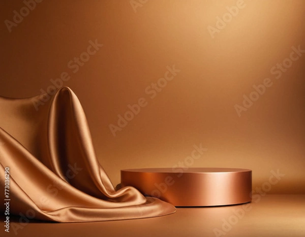 Obraz Luxury 3d podium with silk cloth on floor. Illustration in trendy copper colors  Generative AI