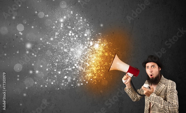 Obraz Guy shouting into megaphone and glowing energy particles explode