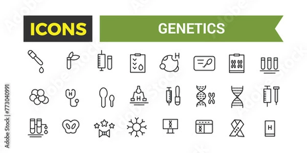 Fototapeta Genetics Icons Set, Set Of Genes, Dna Structure, Chromosomes, Genetic Engineering, Test Tubes, Microscope, Science Lab Vector Icon With Editable Stroke, Vector Illustration