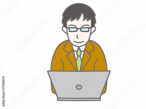 Fototapeta メガネをかけて茶色のスーツを着てパソコンをしている男性