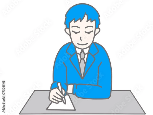 Fototapeta 青いスーツを着て書き物をしている男性