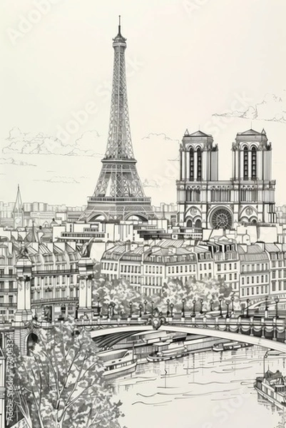 Fototapeta Black and white illustration of Paris, featuring prominent landmarks such as the Eiffel Tower and Sacré-Cœur Basilica amid the city's urban landscape, with the Seine River.