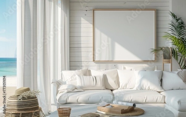 Fototapeta Mockup frame close up in coastal style home interior background, 3d render
