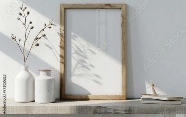 Fototapeta Mockup frame close up in coastal style home interior background, 3d render