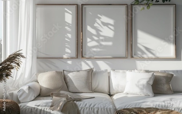 Fototapeta Mockup frame close up in coastal style home interior background, 3d render