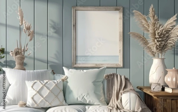 Fototapeta Mockup frame close up in coastal style home interior background, 3d render