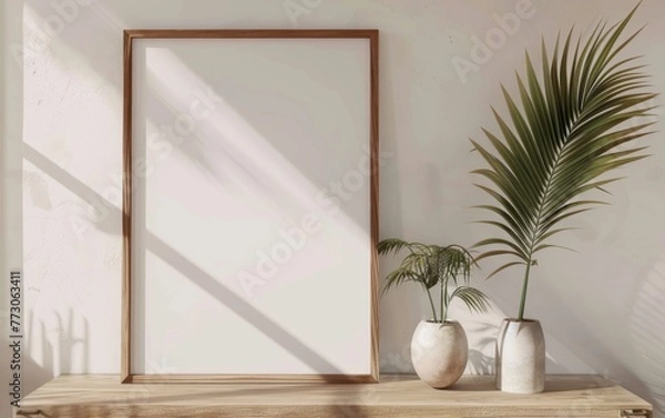 Fototapeta Mockup frame close up in coastal style home interior background, 3d render