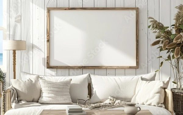 Fototapeta Mockup frame close up in coastal style home interior background, 3d render