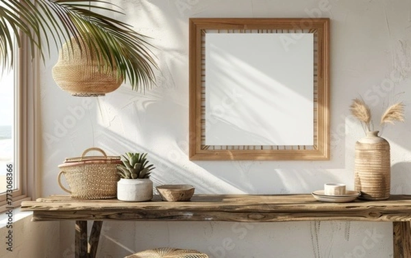 Obraz Mockup frame close up in coastal style home interior background, 3d render