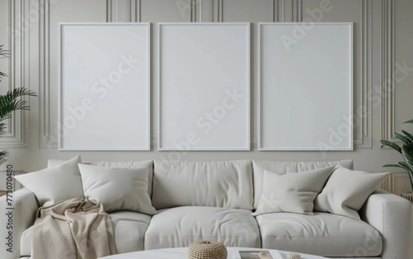 Fototapeta Mockup frame close up in coastal style home interior background, 3d render