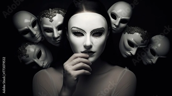 Fototapeta choice of personal growth and self-development, between good and bad, poor and rich, good and evil, woman with black and white masks