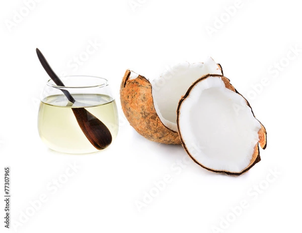 Fototapeta coconut oil with piece of coconut isolated on white