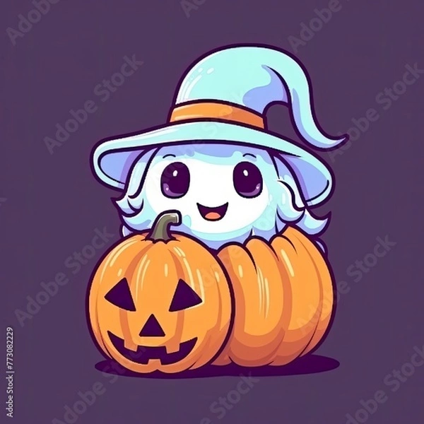 Fototapeta Cute Witch Ghost Holding Pumpkin Halloween Cartoon Vector Icon Illustration. Holiday Halloween Icon Concept Isolated Premium Vector. Flat Cartoon Style