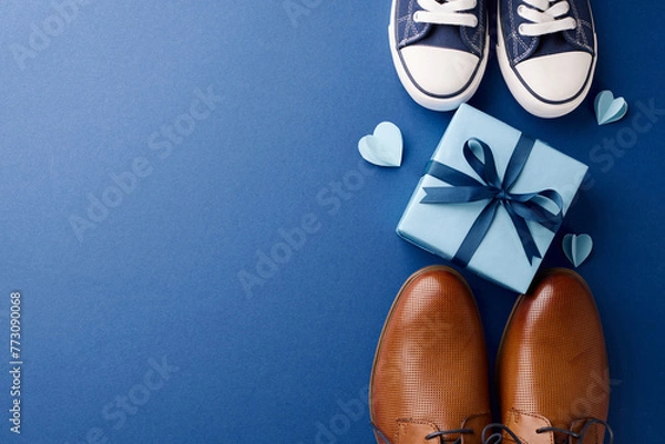 Fototapeta Celebrating father's day: Overhead view of festive blue gift and gentleman's shoes with hearts on a deep blue background with ample space for text