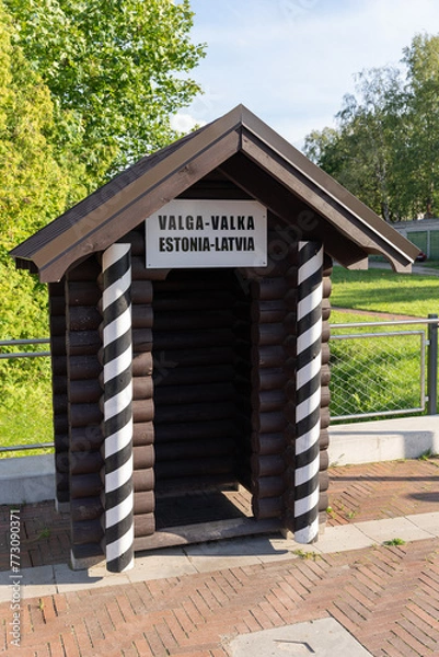 Fototapeta Valga, Estonia - 07.24.2023: Checkpoint booth in Valka and Valga at Latvian and Estonian border