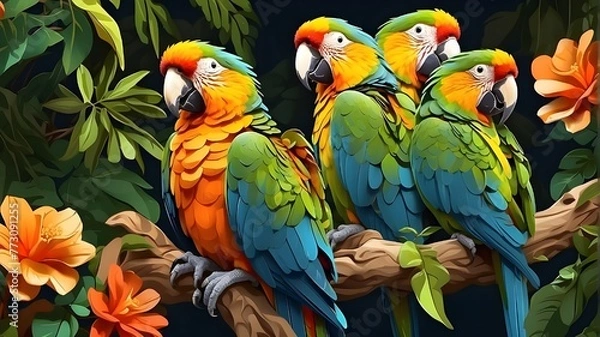 Fototapeta Illustration of birds and animals, plants and rainforests, Macaw and Ari parrots. AI generative. Image of wildlife, nature, jungle, parakeets and birds, pets, and fauna