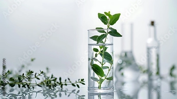 Fototapeta Laboratory glassware with different plants on table against blurred background AI generated