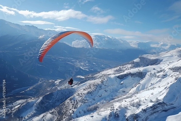Fototapeta A paraglider is silhouetted against the breathtaking alpine glow of snow-laden mountains, AI generated.