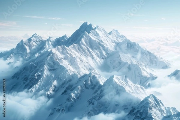 Fototapeta AI created image of towering snow-covered mountains rising above a dense cloud cover under a clear blue sky. AI Generated