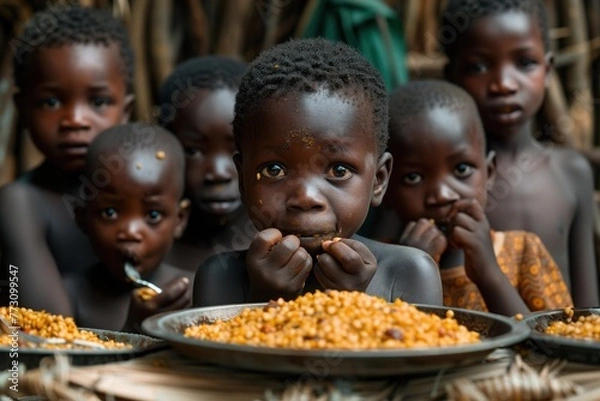 Obraz Group of african children eating meager food with their hands from a metal plate