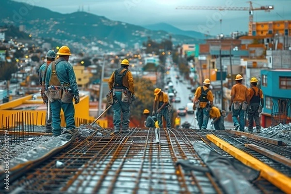 Obraz Group of immigrant construction workers working on a building site in the USA