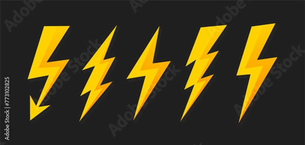 Fototapeta Yellow lightning bolt icons collection. Thunderbolt, lightning strike.Thunder and Bolt lighting flash icons set. Flat style on a dark background. Vector illustration