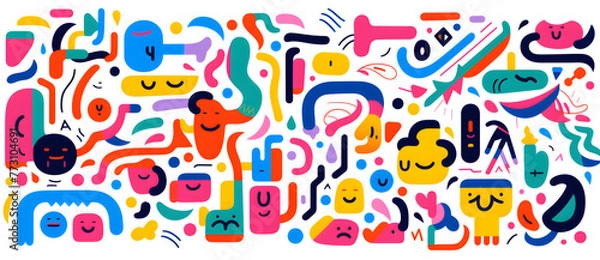 Fototapeta Various colorful abstract shapes in vector format, in the style of joyful chaos, doodles cartoon geometric background