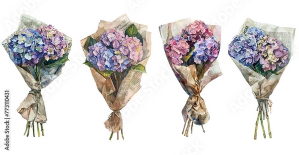 Obraz Watercolor painting of a hydrangea bouquet wrapped in newspaper. Cut out set
