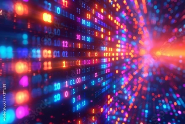 Fototapeta Representation of online security with a digital display featuring binary code flowing across a computer screen illuminated by colorful lights.