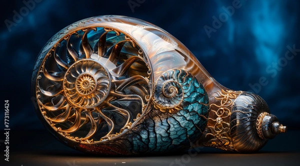 Fototapeta Cutaway View of Nautilus Shell Revealing Intricate Chambers and Golden Patterns.