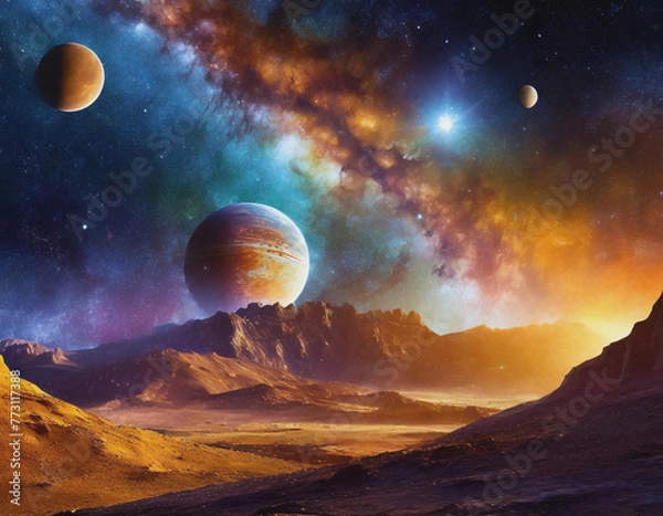 Fototapeta Planets, Stars, Nebula as seen from Nearby Planet Surface Illustration AI