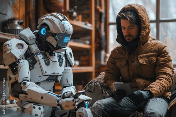 Obraz Person interacting with a chatgpt real robot at home over smartphone