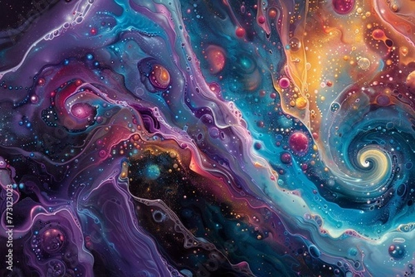 Fototapeta Abstract microscopic universe, super macro cosmic bodies, swirling galaxies, vivid colors