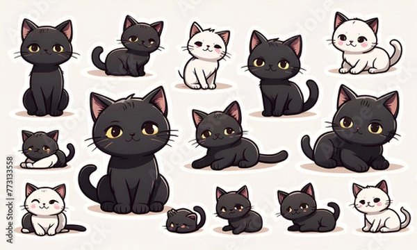 Fototapeta A little black cat lying in the sunshine,  9 postures and expressions, emoticons Emoji and ICON materials