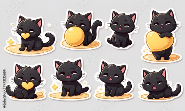 Fototapeta A little black cat lying in the sunshine,  9 postures and expressions, emoticons Emoji and ICON materials