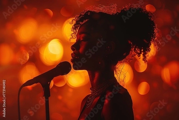 Obraz Silhouette of a jazz singer performing on a concert, orange isolated background