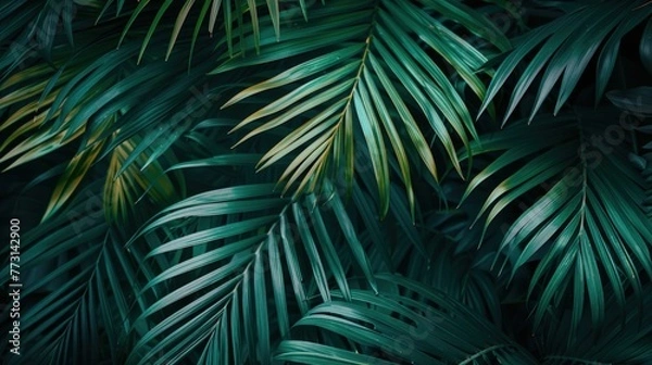 Fototapeta Aesthetic plant background of tropical palm leaves. Minimalistic green palm tree branches close-up for wallpaper and design.