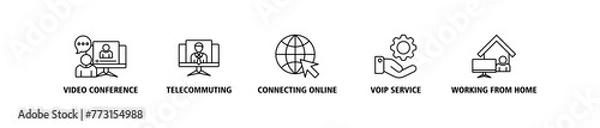 Obraz Remote working banner web icon vector illustration concept for working at home with icon of video conference, telecommuting, connecting online, voip, and working from home