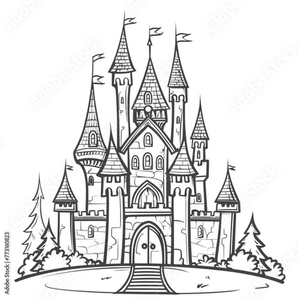 Fototapeta vector fairytale castle with lines on a white background .Generative AI