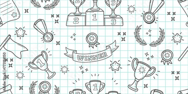 Obraz Backdrop with winner award attributes in linear style. Seamless sports doodles on checkered school background. Backdrop with winner award attributes in linear style.