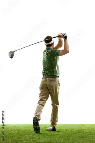 Fototapeta Rear view portrait of golfer in retro outfit with golf club taking shot against white studio background. Male golf player on golf course. Concept of sport, luxury games, active lifestyle, action. Ad