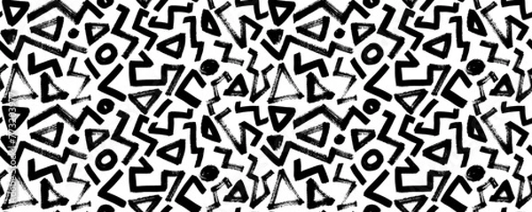Fototapeta Random zigzag lines seamless pattern. Geometric banner with thick zig zag brush strokes. Abstract black on white geometric vector ornament. Thick triangular grunge strokes.