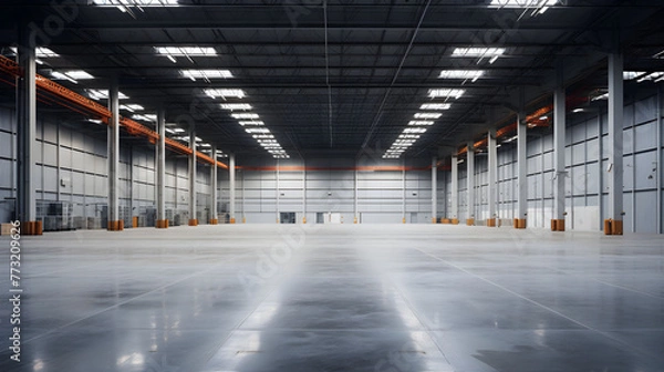 Fototapeta An empty warehouse industrial background. Dusty floors, towering shelves, and abandoned equipment characterize the vast space.