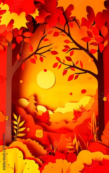 Fototapeta Paper cut 3D aspen trees, falling autumn leaves in a meadow with an orange background