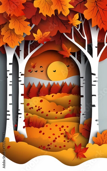 Fototapeta Paper cut 3D aspen trees, falling autumn leaves in a meadow with an orange background