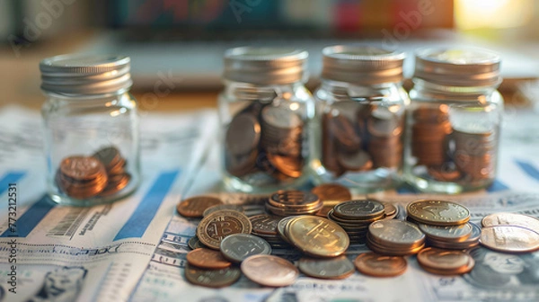 Fototapeta Coins into various investment jars with a blurred financial background, investment diversification strategies, portfolio management and asset allocation