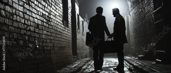 Fototapeta Shadowy figures exchanging briefcases in a dimly lit alley, symbolizing backdoor deals and political corruption